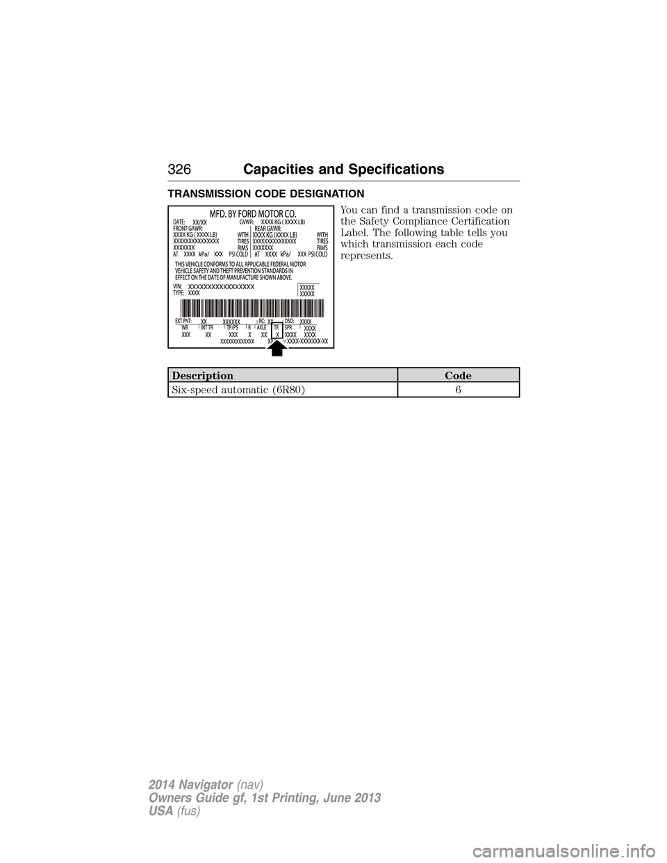 LINCOLN NAVIGATOR 2014 Owners Manual TRANSMISSION CODE DESIGNATION
You can find a transmission code on
the Safety Compliance Certification
Label. The following table tells you
which transmission each code
represents.
Description Code
Six LINCOLN NAVIGATOR 2014 Owners Manual TRANSMISSION CODE DESIGNATION
You can find a transmission code on
the Safety Compliance Certification
Label. The following table tells you
which transmission each code
represents.
Description Code
Six