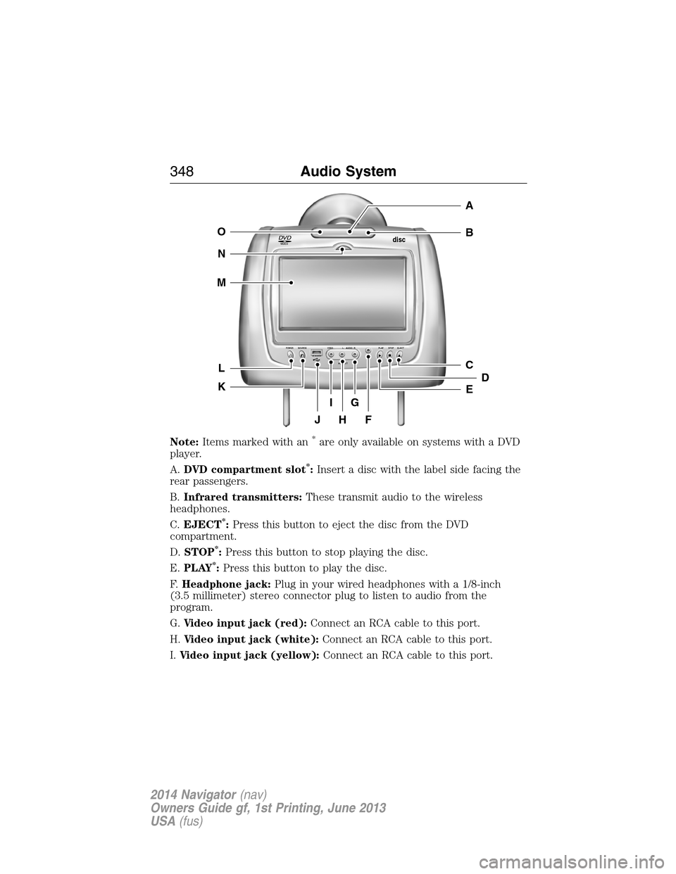 LINCOLN NAVIGATOR 2014 Owners Manual Note:Items marked with an*are only available on systems with a DVD
player.
A.DVD compartment slot
*:Insert a disc with the label side facing the
rear passengers.
B.Infrared transmitters:These transmit LINCOLN NAVIGATOR 2014 Owners Manual Note:Items marked with an*are only available on systems with a DVD
player.
A.DVD compartment slot
*:Insert a disc with the label side facing the
rear passengers.
B.Infrared transmitters:These transmit
