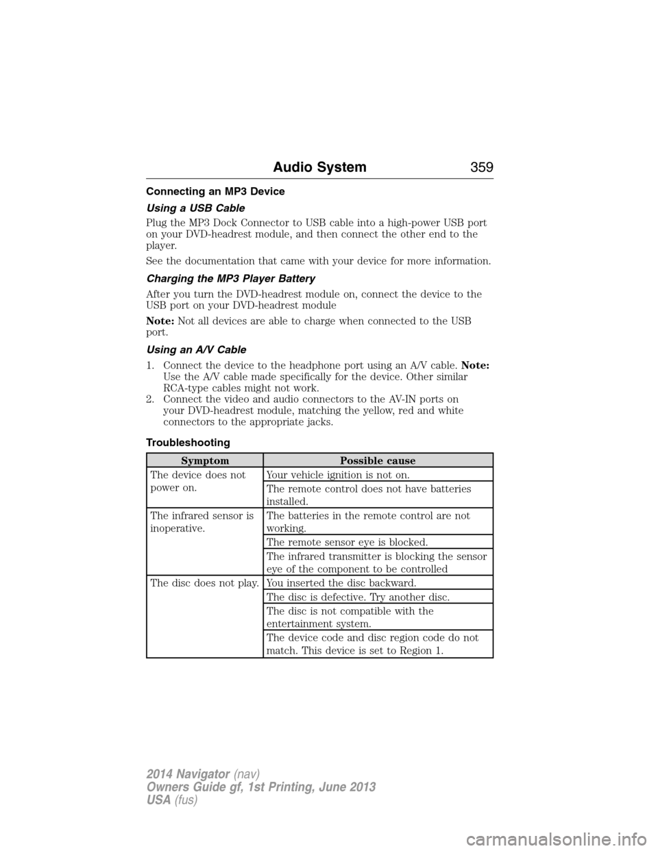 LINCOLN NAVIGATOR 2014  Owners Manual Connecting an MP3 Device
Using a USB Cable
Plug the MP3 Dock Connector to USB cable into a high-power USB port
on your DVD-headrest module, and then connect the other end to the
player.
See the docume