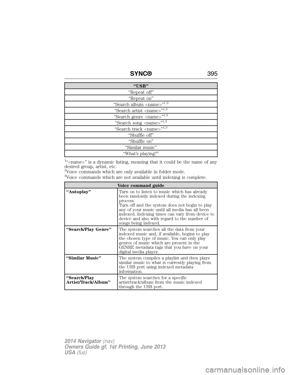 LINCOLN NAVIGATOR 2014  Owners Manual “USB”
“Repeat off”
“Repeat on”
“Search album <name>”
1,3
“Search artist <name>”1,3
“Search genre <name>”1,3
“Search song <name>”1,3
“Search track <name>”1,3
“Shuffle 