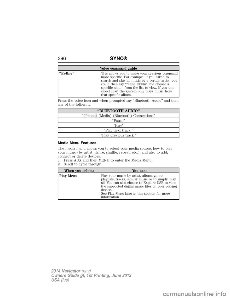 LINCOLN NAVIGATOR 2014  Owners Manual Voice command guide
“Refine”This allows you to make your previous command
more specific. For example, if you asked to
search and play all music by a certain artist, you
could then say “refine al