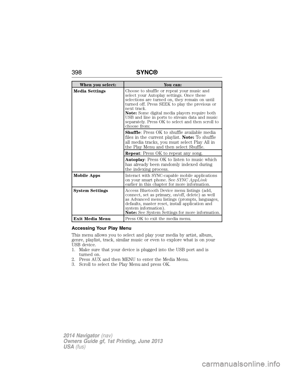 LINCOLN NAVIGATOR 2014  Owners Manual When you select: You can:
Media SettingsChoose to shuffle or repeat your music and
select your Autoplay settings. Once these
selections are turned on, they remain on until
turned off. Press SEEK to pl