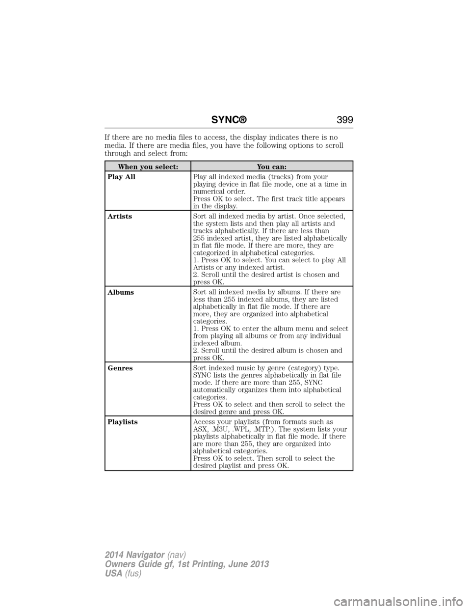 LINCOLN NAVIGATOR 2014  Owners Manual If there are no media files to access, the display indicates there is no
media. If there are media files, you have the following options to scroll
through and select from:
When you select: You can:
Pl