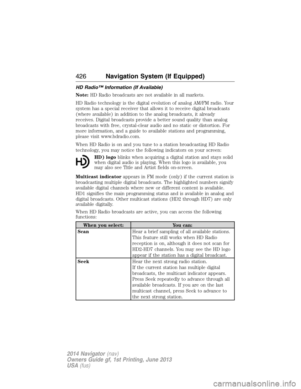 LINCOLN NAVIGATOR 2014 Owners Manual HD Radio™ Information (If Available)
Note:HD Radio broadcasts are not available in all markets.
HD Radio technology is the digital evolution of analog AM/FM radio. Your
system has a special receiver LINCOLN NAVIGATOR 2014 Owners Manual HD Radio™ Information (If Available)
Note:HD Radio broadcasts are not available in all markets.
HD Radio technology is the digital evolution of analog AM/FM radio. Your
system has a special receiver