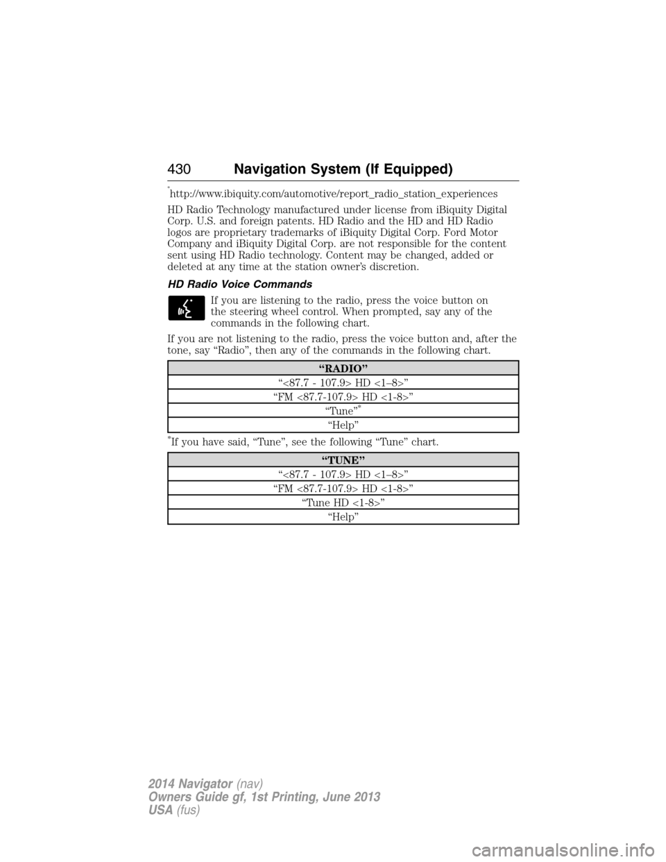 LINCOLN NAVIGATOR 2014 Owners Manual *http://www.ibiquity.com/automotive/report_radio_station_experiences
HD Radio Technology manufactured under license from iBiquity Digital
Corp. U.S. and foreign patents. HD Radio and the HD and HD Rad LINCOLN NAVIGATOR 2014 Owners Manual *http://www.ibiquity.com/automotive/report_radio_station_experiences
HD Radio Technology manufactured under license from iBiquity Digital
Corp. U.S. and foreign patents. HD Radio and the HD and HD Rad