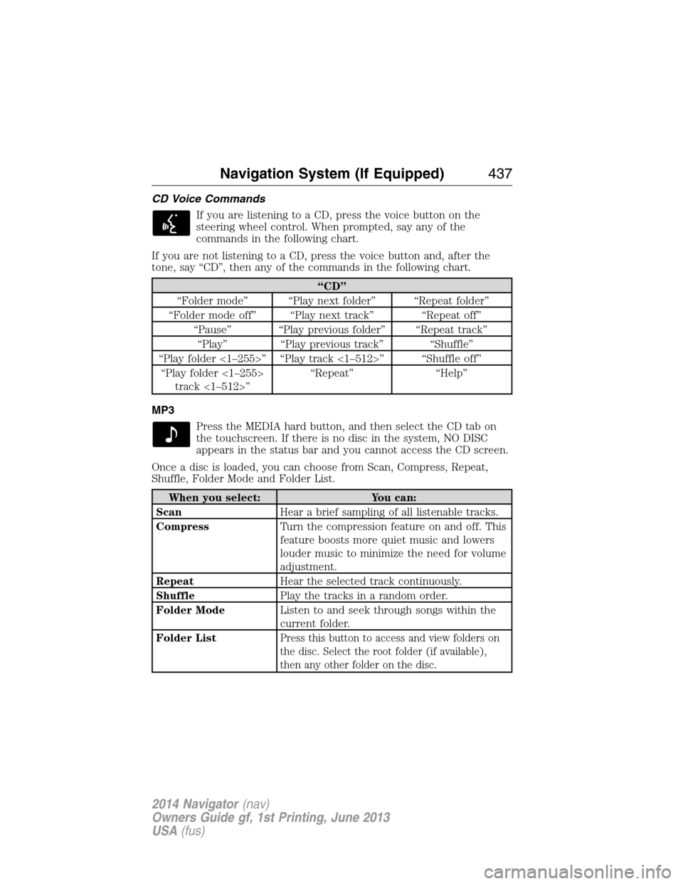 LINCOLN NAVIGATOR 2014 Owners Guide CD Voice Commands
If you are listening to a CD, press the voice button on the
steering wheel control. When prompted, say any of the
commands in the following chart.
If you are not listening to a CD, p LINCOLN NAVIGATOR 2014 Owners Guide CD Voice Commands
If you are listening to a CD, press the voice button on the
steering wheel control. When prompted, say any of the
commands in the following chart.
If you are not listening to a CD, p