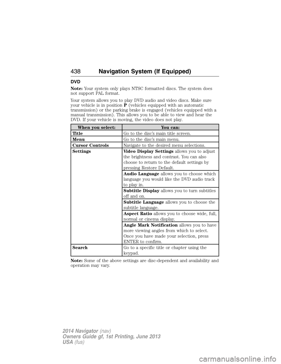 LINCOLN NAVIGATOR 2014 Owners Guide DVD
Note:Your system only plays NTSC formatted discs. The system does
not support PAL format.
Your system allows you to play DVD audio and video discs. Make sure
your vehicle is in positionP(vehicles LINCOLN NAVIGATOR 2014 Owners Guide DVD
Note:Your system only plays NTSC formatted discs. The system does
not support PAL format.
Your system allows you to play DVD audio and video discs. Make sure
your vehicle is in positionP(vehicles