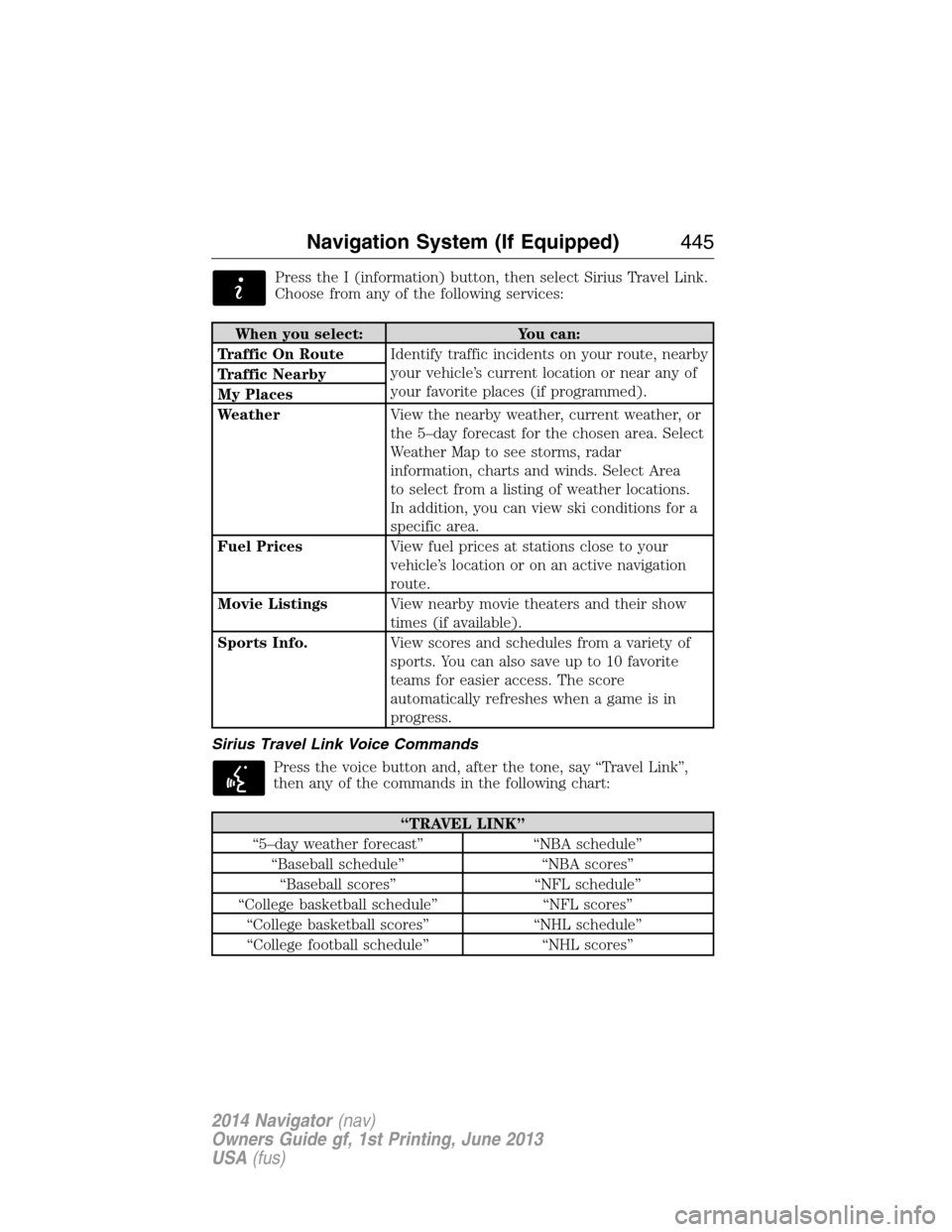 LINCOLN NAVIGATOR 2014 Service Manual Press the I (information) button, then select Sirius Travel Link.
Choose from any of the following services:
When you select: You can:
Traffic On RouteIdentify traffic incidents on your route, nearby
LINCOLN NAVIGATOR 2014 Service Manual Press the I (information) button, then select Sirius Travel Link.
Choose from any of the following services:
When you select: You can:
Traffic On RouteIdentify traffic incidents on your route, nearby