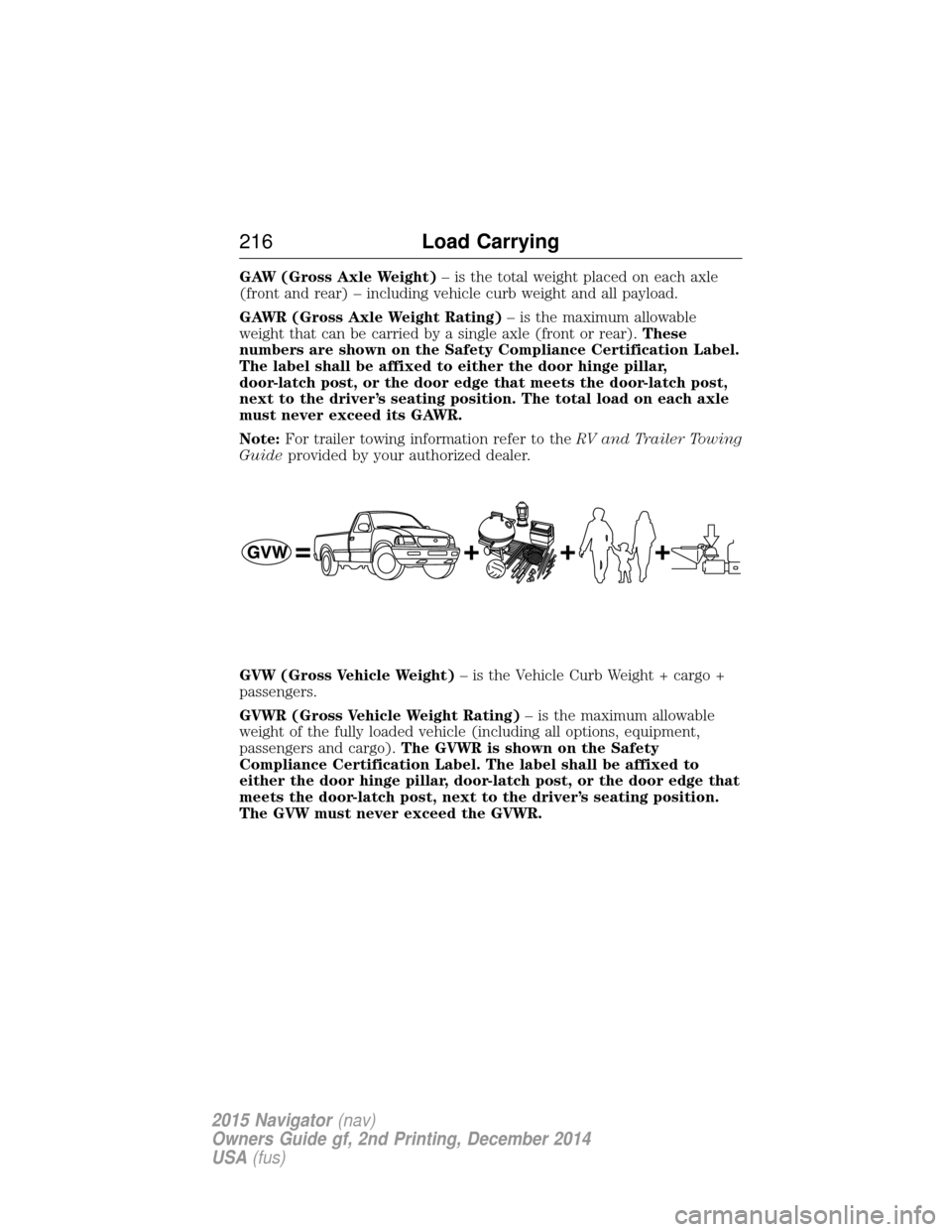 LINCOLN NAVIGATOR 2015 Owners Manual GAW (Gross Axle Weight)– is the total weight placed on each axle
(front and rear) – including vehicle curb weight and all payload.
GAWR (Gross Axle Weight Rating) – is the maximum allowable
weig LINCOLN NAVIGATOR 2015 Owners Manual GAW (Gross Axle Weight)– is the total weight placed on each axle
(front and rear) – including vehicle curb weight and all payload.
GAWR (Gross Axle Weight Rating) – is the maximum allowable
weig
