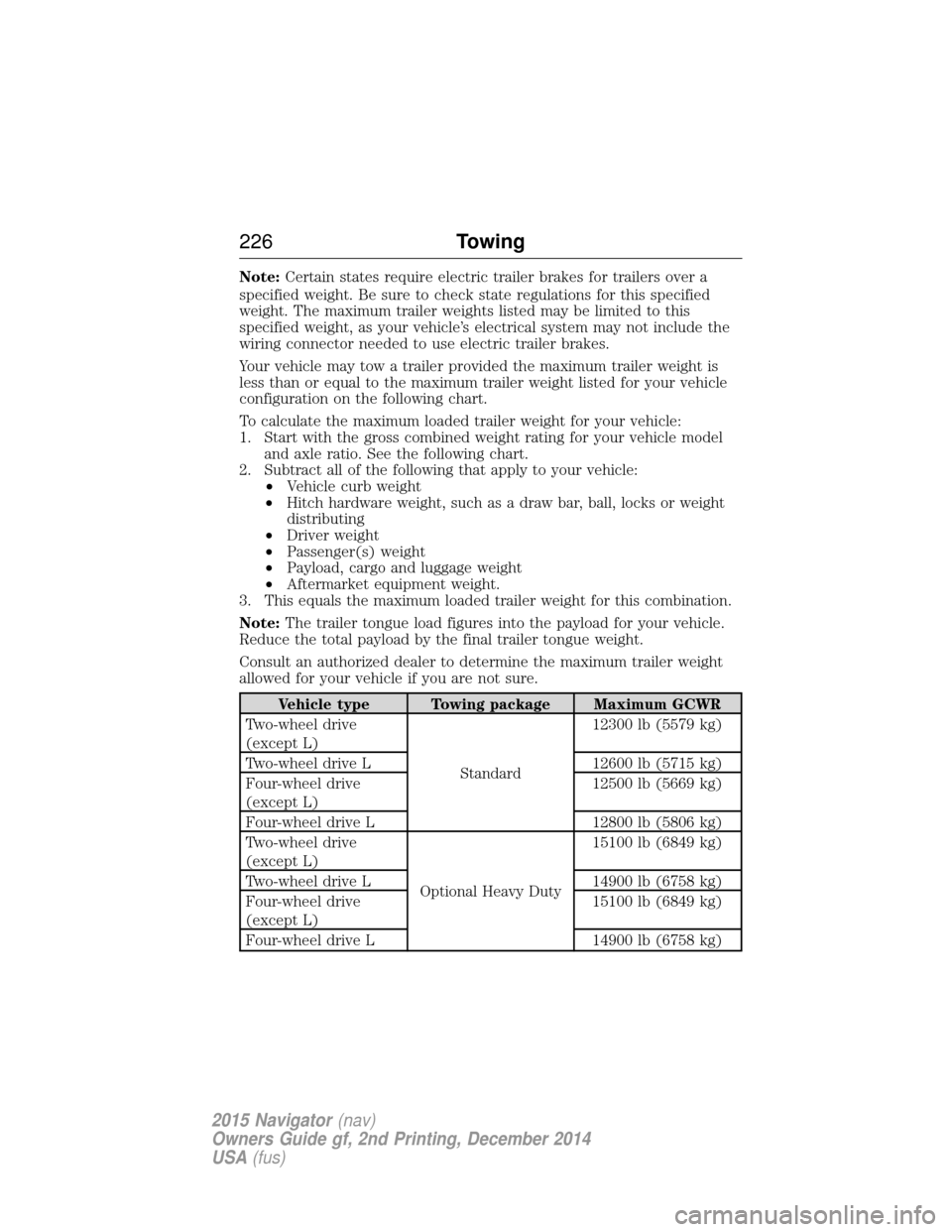 LINCOLN NAVIGATOR 2015 Owners Manual Note:Certain states require electric trailer brakes for trailers over a
specified weight. Be sure to check state regulations for this specified
weight. The maximum trailer weights listed may be limite LINCOLN NAVIGATOR 2015 Owners Manual Note:Certain states require electric trailer brakes for trailers over a
specified weight. Be sure to check state regulations for this specified
weight. The maximum trailer weights listed may be limite