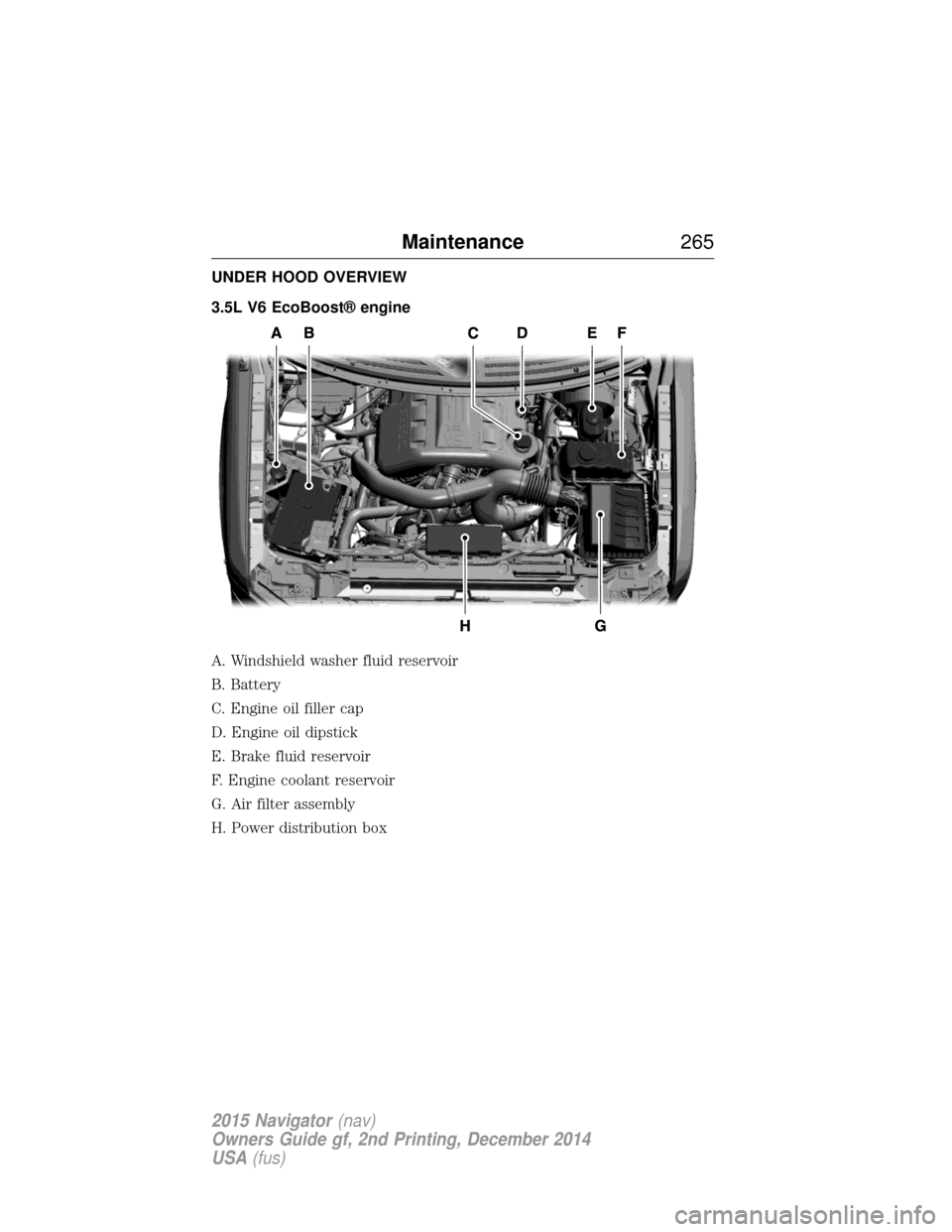 LINCOLN NAVIGATOR 2015 Owners Manual UNDER HOOD OVERVIEW
3.5L V6 EcoBoost® engine
A. Windshield washer fluid reservoir
B. Battery
C. Engine oil filler cap
D. Engine oil dipstick
E. Brake fluid reservoir
F. Engine coolant reservoir
G. Ai LINCOLN NAVIGATOR 2015 Owners Manual UNDER HOOD OVERVIEW
3.5L V6 EcoBoost® engine
A. Windshield washer fluid reservoir
B. Battery
C. Engine oil filler cap
D. Engine oil dipstick
E. Brake fluid reservoir
F. Engine coolant reservoir
G. Ai