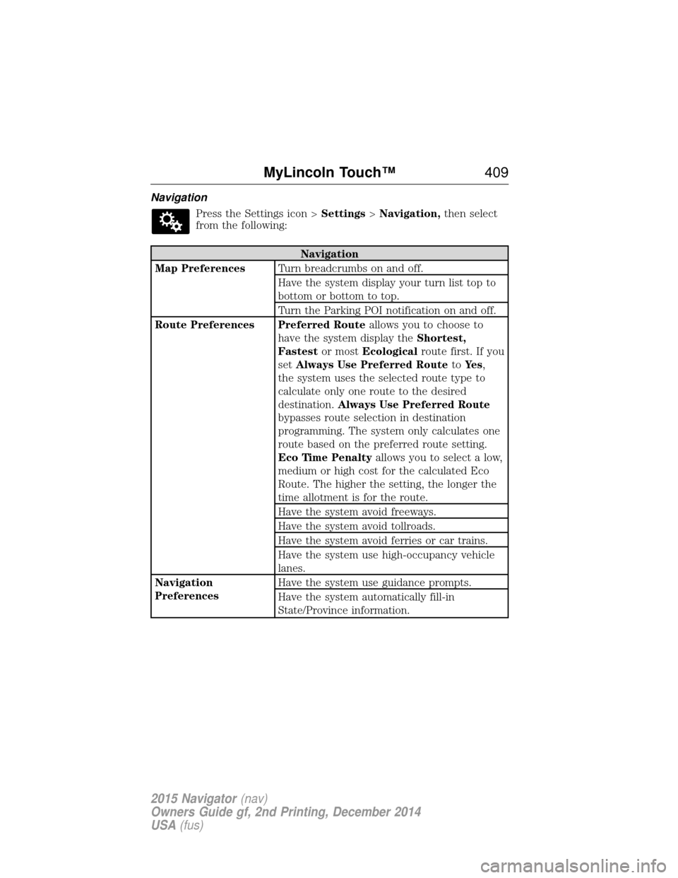 LINCOLN NAVIGATOR 2015  Owners Manual NavigationPress the Settings icon > Settings>Navigation, then select
from the following:
Navigation
Map Preferences Turn breadcrumbs on and off.
Have the system display your turn list top to
bottom or