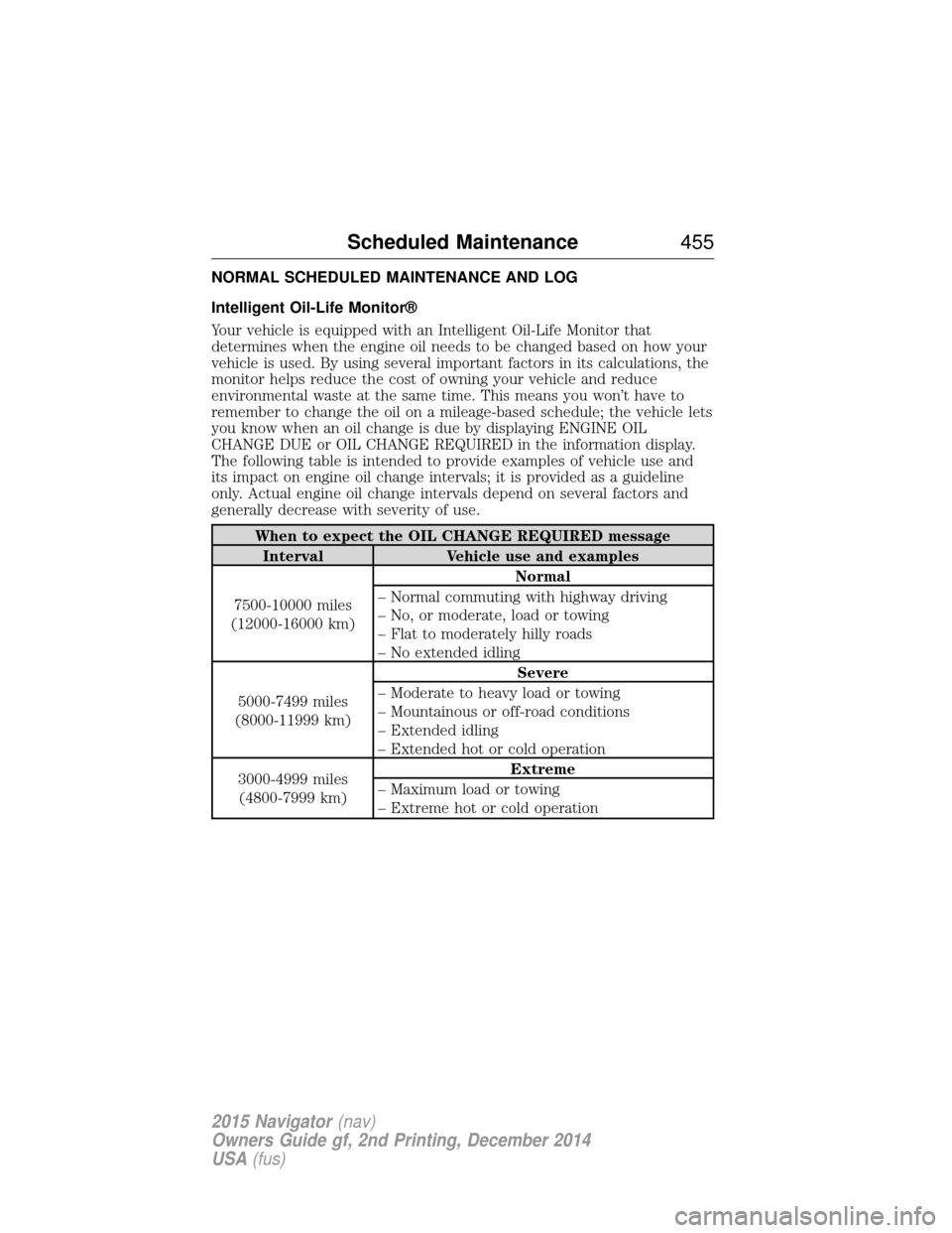 LINCOLN NAVIGATOR 2015  Owners Manual NORMAL SCHEDULED MAINTENANCE AND LOG
Intelligent Oil-Life Monitor®
Your vehicle is equipped with an Intelligent Oil-Life Monitor that
determines when the engine oil needs to be changed based on how y