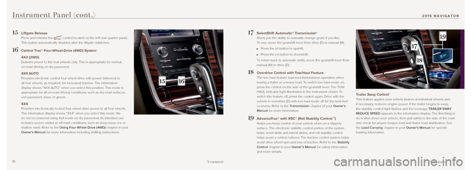 LINCOLN NAVIGATOR 2015 Quick Reference Guide 1011
17 SelectShift Automatic® Transmission*
Gives you the ability to manually change gears if you like.
To use, move the gearshift lever from drive (D) to manual (M).
Press the (+) button to LINCOLN NAVIGATOR 2015 Quick Reference Guide 1011
17 SelectShift Automatic® Transmission*
Gives you the ability to manually change gears if you like.
To use, move the gearshift lever from drive (D) to manual (M).
Press the (+) button to