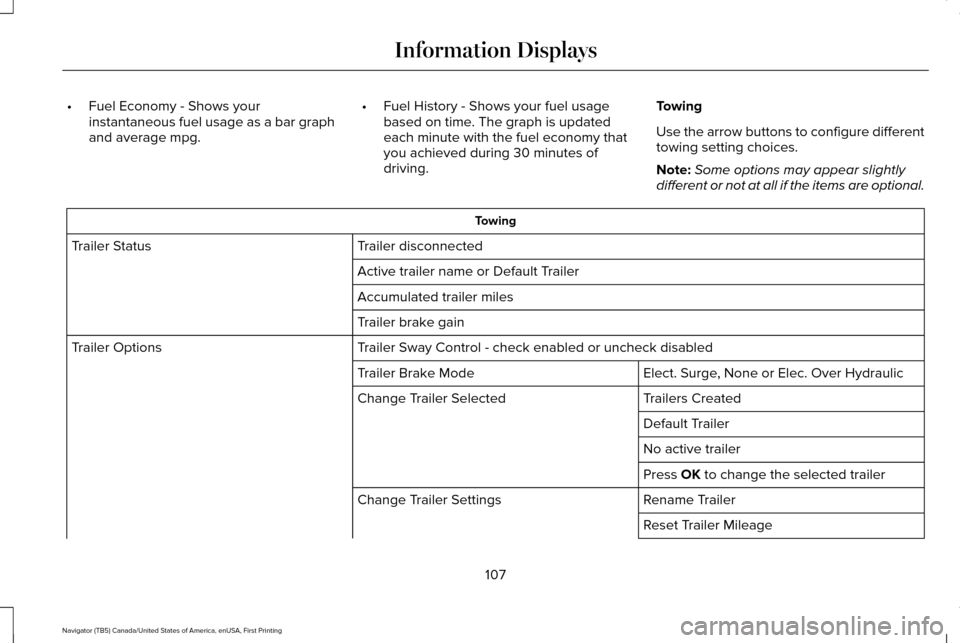 LINCOLN NAVIGATOR 2016 Owners Manual •
Fuel Economy - Shows your
instantaneous fuel usage as a bar graph
and average mpg. •
Fuel History - Shows your fuel usage
based on time. The graph is updated
each minute with the fuel economy th LINCOLN NAVIGATOR 2016 Owners Manual •
Fuel Economy - Shows your
instantaneous fuel usage as a bar graph
and average mpg. •
Fuel History - Shows your fuel usage
based on time. The graph is updated
each minute with the fuel economy th