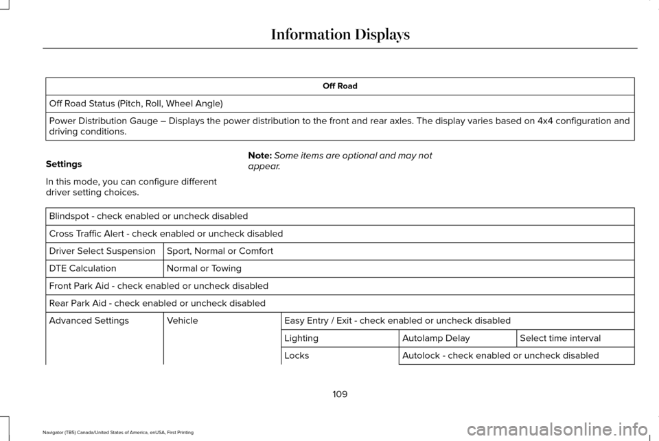 LINCOLN NAVIGATOR 2016 Owners Manual Off Road
Off Road Status (Pitch, Roll, Wheel Angle)
Power Distribution Gauge – Displays the power distribution to the front and rear axles. The displa\
y varies based on 4x4 configuration and
drivin LINCOLN NAVIGATOR 2016 Owners Manual Off Road
Off Road Status (Pitch, Roll, Wheel Angle)
Power Distribution Gauge – Displays the power distribution to the front and rear axles. The displa\
y varies based on 4x4 configuration and
drivin
