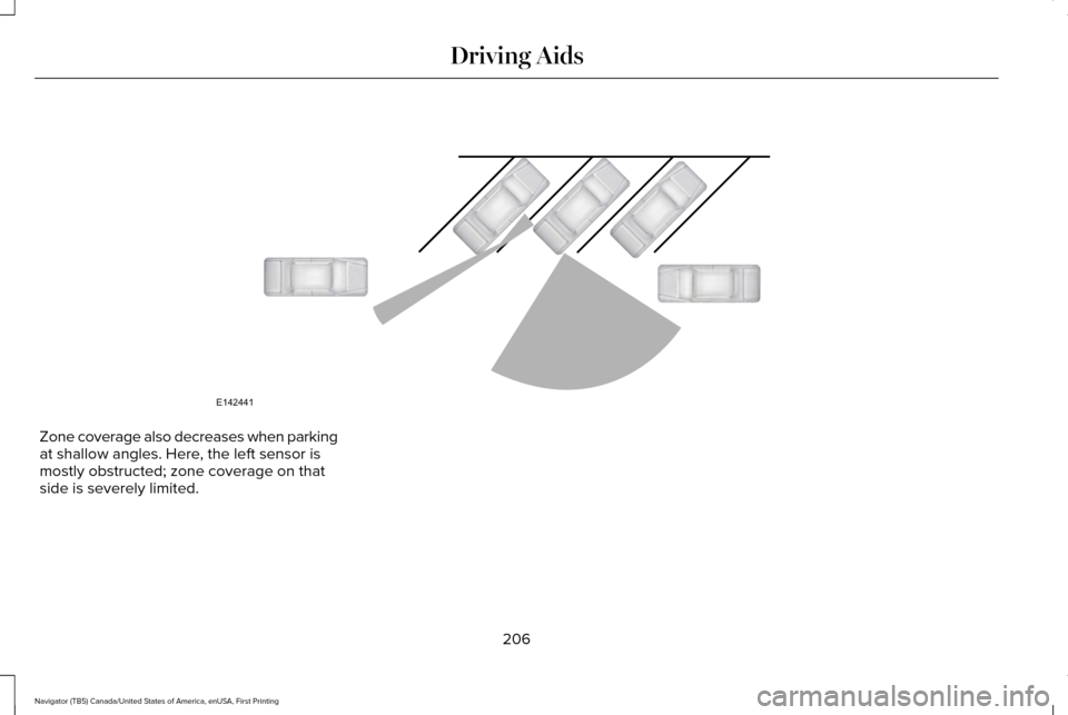 LINCOLN NAVIGATOR 2016 Owners Manual Zone coverage also decreases when parking
at shallow angles. Here, the left sensor is
mostly obstructed; zone coverage on that
side is severely limited.
206
Navigator (TB5) Canada/United States of Ame LINCOLN NAVIGATOR 2016 Owners Manual Zone coverage also decreases when parking
at shallow angles. Here, the left sensor is
mostly obstructed; zone coverage on that
side is severely limited.
206
Navigator (TB5) Canada/United States of Ame