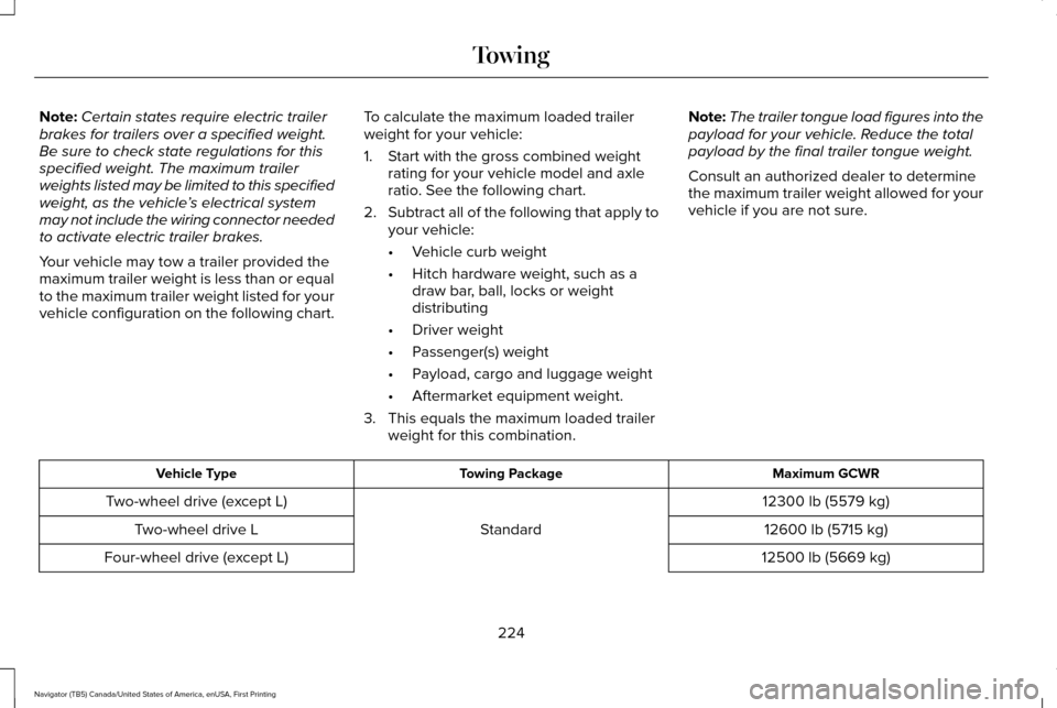 LINCOLN NAVIGATOR 2016 Owners Manual Note:
Certain states require electric trailer
brakes for trailers over a specified weight.
Be sure to check state regulations for this
specified weight. The maximum trailer
weights listed may be limit LINCOLN NAVIGATOR 2016 Owners Manual Note:
Certain states require electric trailer
brakes for trailers over a specified weight.
Be sure to check state regulations for this
specified weight. The maximum trailer
weights listed may be limit