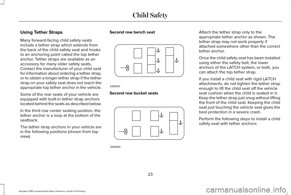 LINCOLN NAVIGATOR 2016 Owners Manual Using Tether Straps
Many forward-facing child safety seats
include a tether strap which extends from
the back of the child safety seat and hooks
to an anchoring point called the top tether
anchor. Tet LINCOLN NAVIGATOR 2016 Owners Manual Using Tether Straps
Many forward-facing child safety seats
include a tether strap which extends from
the back of the child safety seat and hooks
to an anchoring point called the top tether
anchor. Tet
