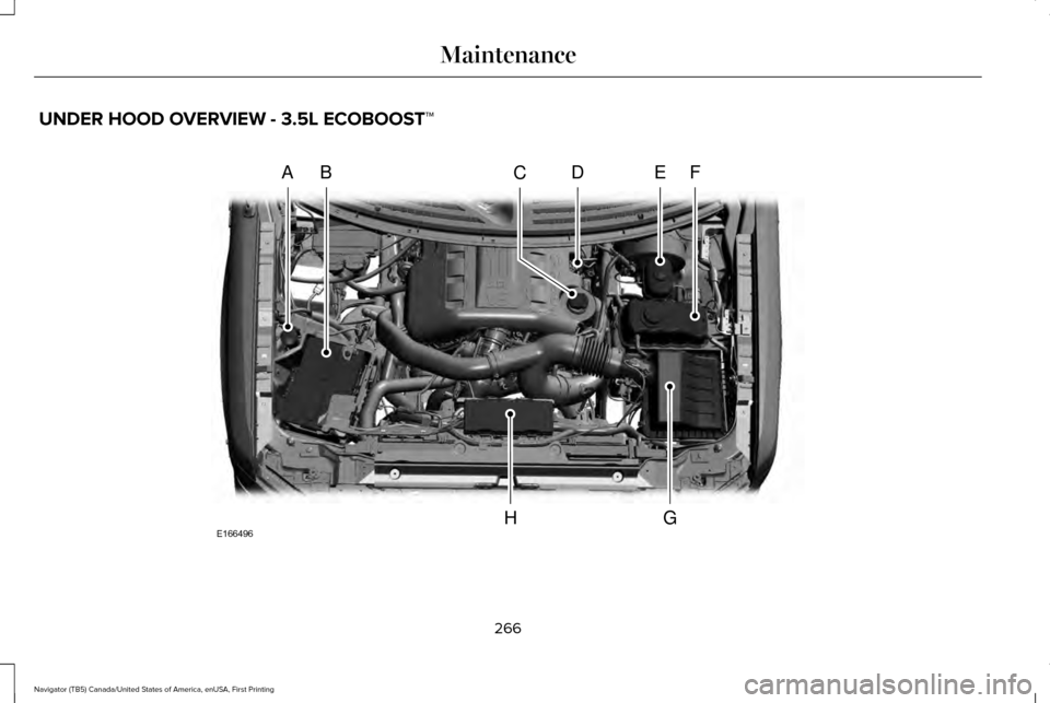 LINCOLN NAVIGATOR 2016  Owners Manual UNDER HOOD OVERVIEW - 3.5L ECOBOOST™
266
Navigator (TB5) Canada/United States of America, enUSA, First Printing MaintenanceA
A
BDEFC
GHE166496  