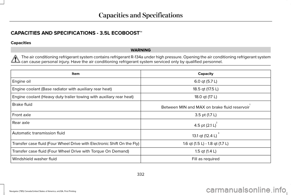 LINCOLN NAVIGATOR 2016 Owners Manual CAPACITIES AND SPECIFICATIONS - 3.5L ECOBOOST™
Capacities
WARNING
The air conditioning refrigerant system contains refrigerant R-134a unde\
r high pressure. Opening the air conditioning refrigerant LINCOLN NAVIGATOR 2016 Owners Manual CAPACITIES AND SPECIFICATIONS - 3.5L ECOBOOST™
Capacities
WARNING
The air conditioning refrigerant system contains refrigerant R-134a unde\
r high pressure. Opening the air conditioning refrigerant