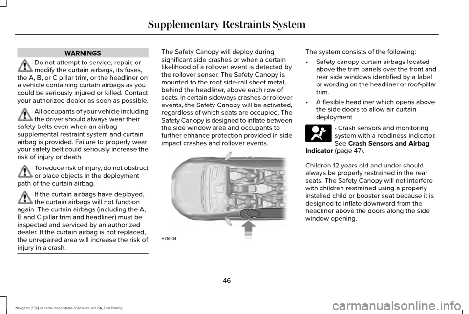 LINCOLN NAVIGATOR 2016 Owners Manual WARNINGS
Do not attempt to service, repair, or
modify the curtain airbags, its fuses,
the A, B, or C pillar trim, or the headliner on
a vehicle containing curtain airbags as you
could be seriously inj LINCOLN NAVIGATOR 2016 Owners Manual WARNINGS
Do not attempt to service, repair, or
modify the curtain airbags, its fuses,
the A, B, or C pillar trim, or the headliner on
a vehicle containing curtain airbags as you
could be seriously inj