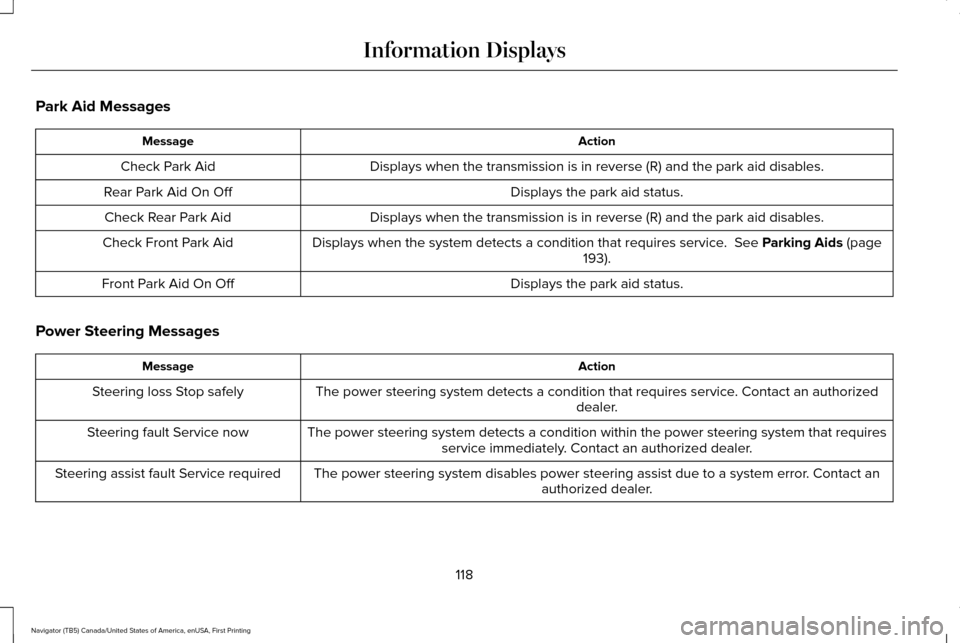 LINCOLN NAVIGATOR 2017 Owners Manual Park Aid Messages
Action
Message
Displays when the transmission is in reverse (R) and the park aid disa\
bles.
Check Park Aid
Displays the park aid status.
Rear Park Aid On Off
Displays when the trans LINCOLN NAVIGATOR 2017 Owners Manual Park Aid Messages
Action
Message
Displays when the transmission is in reverse (R) and the park aid disa\
bles.
Check Park Aid
Displays the park aid status.
Rear Park Aid On Off
Displays when the trans
