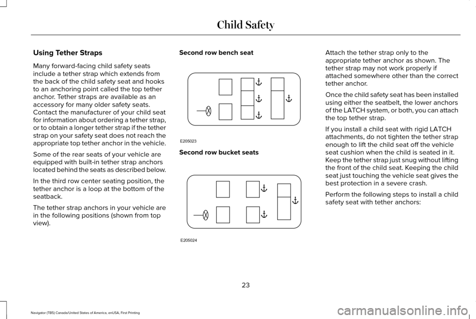 LINCOLN NAVIGATOR 2017 Owners Manual Using Tether Straps
Many forward-facing child safety seats
include a tether strap which extends from
the back of the child safety seat and hooks
to an anchoring point called the top tether
anchor. Tet