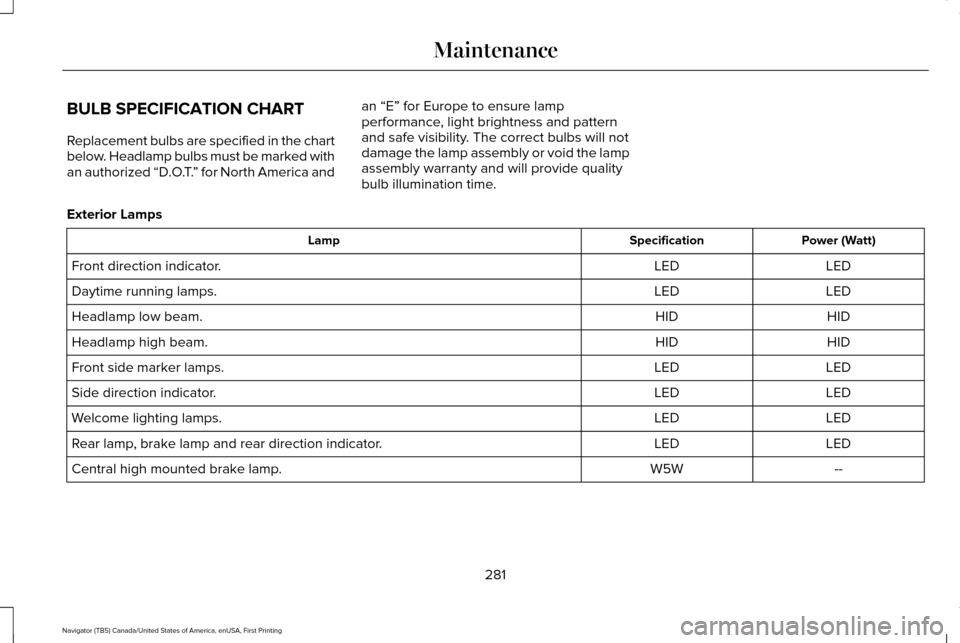 LINCOLN NAVIGATOR 2017 Owners Manual BULB SPECIFICATION CHART
Replacement bulbs are specified in the chart
below. Headlamp bulbs must be marked with
an authorized “D.O.T.
” for North America and an “E” for Europe to ensure lamp
p LINCOLN NAVIGATOR 2017 Owners Manual BULB SPECIFICATION CHART
Replacement bulbs are specified in the chart
below. Headlamp bulbs must be marked with
an authorized “D.O.T.
” for North America and an “E” for Europe to ensure lamp
p