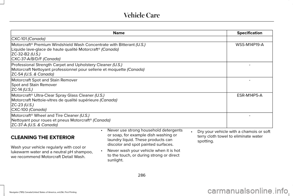 LINCOLN NAVIGATOR 2017 Owners Manual Specification
Name
CXC-101 (Canada) WSS-M14P19-A
Motorcraft® Premium Windshield Wash Concentrate with Bitterant
(U.S.)
Liquide lave-glace de haute qualité Motorcraft® (Canada)
ZC-32-B2 (U.S.)
CXC- LINCOLN NAVIGATOR 2017 Owners Manual Specification
Name
CXC-101 (Canada) WSS-M14P19-A
Motorcraft® Premium Windshield Wash Concentrate with Bitterant
(U.S.)
Liquide lave-glace de haute qualité Motorcraft® (Canada)
ZC-32-B2 (U.S.)
CXC-