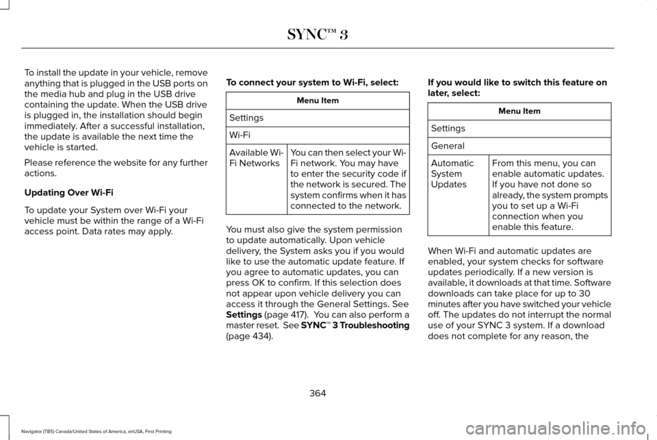 LINCOLN NAVIGATOR 2017 Owners Manual To install the update in your vehicle, remove
anything that is plugged in the USB ports on
the media hub and plug in the USB drive
containing the update. When the USB drive
is plugged in, the installa LINCOLN NAVIGATOR 2017 Owners Manual To install the update in your vehicle, remove
anything that is plugged in the USB ports on
the media hub and plug in the USB drive
containing the update. When the USB drive
is plugged in, the installa