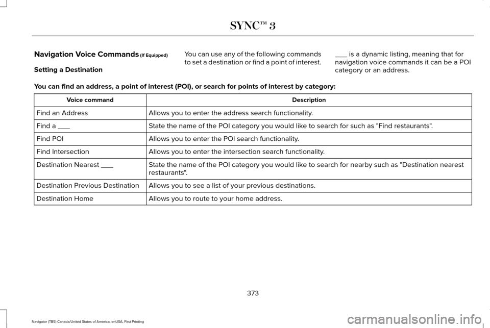 LINCOLN NAVIGATOR 2017 Owners Manual Navigation Voice Commands (If Equipped)
Setting a Destination You can use any of the following commands
to set a destination or find a point of interest.
___ is a dynamic listing, meaning that for
nav LINCOLN NAVIGATOR 2017 Owners Manual Navigation Voice Commands (If Equipped)
Setting a Destination You can use any of the following commands
to set a destination or find a point of interest.
___ is a dynamic listing, meaning that for
nav