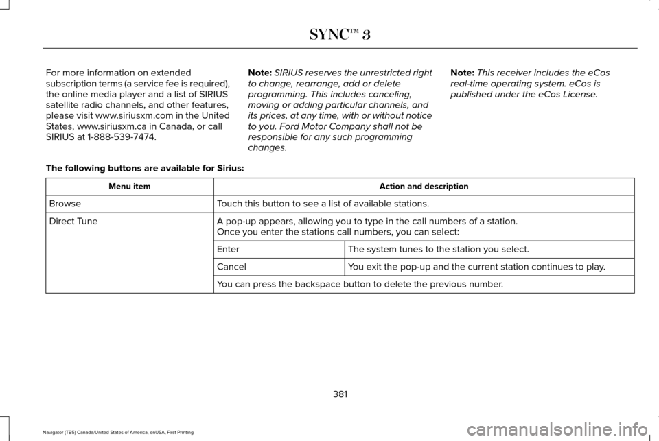 LINCOLN NAVIGATOR 2017 Owners Manual For more information on extended
subscription terms (a service fee is required),
the online media player and a list of SIRIUS
satellite radio channels, and other features,
please visit www.siriusxm.co LINCOLN NAVIGATOR 2017 Owners Manual For more information on extended
subscription terms (a service fee is required),
the online media player and a list of SIRIUS
satellite radio channels, and other features,
please visit www.siriusxm.co