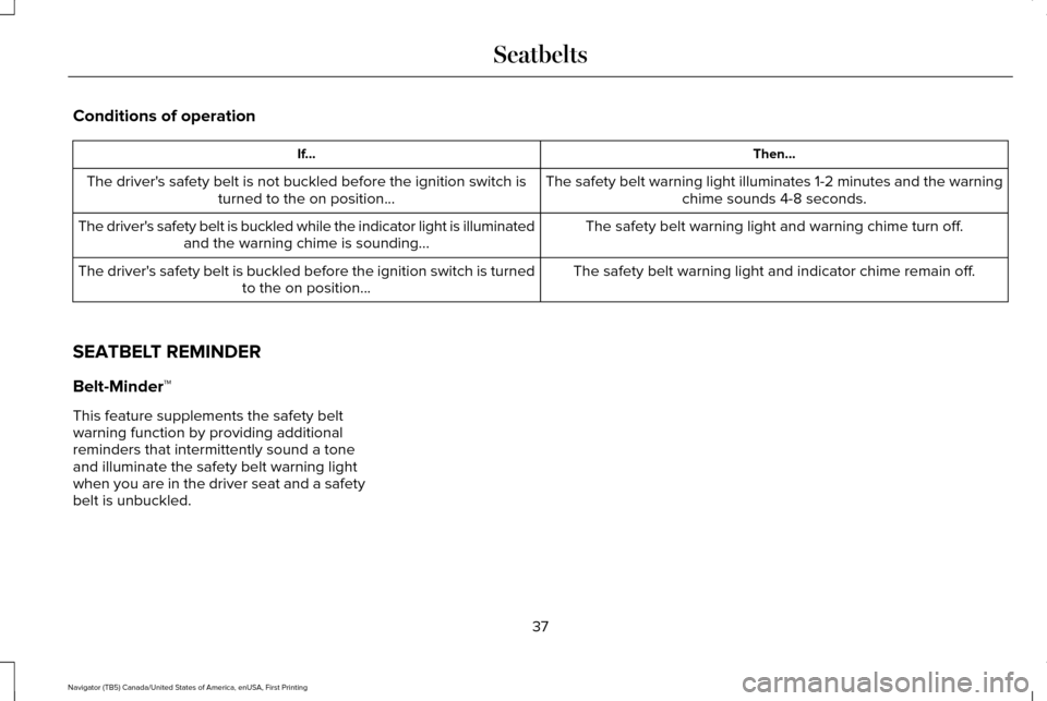 LINCOLN NAVIGATOR 2017  Owners Manual Conditions of operation
Then...
If...
The safety belt warning light illuminates 1-2 minutes and the warningchime sounds 4-8 seconds.
The drivers safety belt is not buckled before the ignition switch 