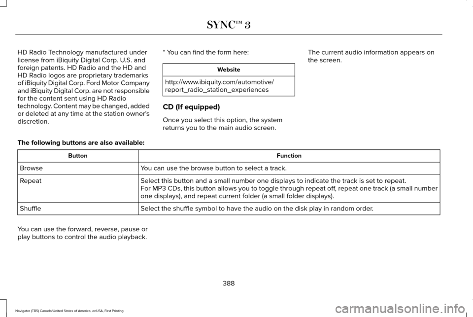 LINCOLN NAVIGATOR 2017 Owners Manual HD Radio Technology manufactured under
license from iBiquity Digital Corp. U.S. and
foreign patents. HD Radio and the HD and
HD Radio logos are proprietary trademarks
of iBiquity Digital Corp. Ford Mo LINCOLN NAVIGATOR 2017 Owners Manual HD Radio Technology manufactured under
license from iBiquity Digital Corp. U.S. and
foreign patents. HD Radio and the HD and
HD Radio logos are proprietary trademarks
of iBiquity Digital Corp. Ford Mo