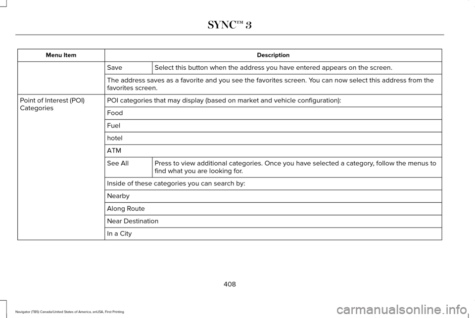 LINCOLN NAVIGATOR 2017 Owners Manual Description
Menu Item
Select this button when the address you have entered appears on the scre\
en.
Save
The address saves as a favorite and you see the favorites screen. You can now select this addre LINCOLN NAVIGATOR 2017 Owners Manual Description
Menu Item
Select this button when the address you have entered appears on the scre\
en.
Save
The address saves as a favorite and you see the favorites screen. You can now select this addre