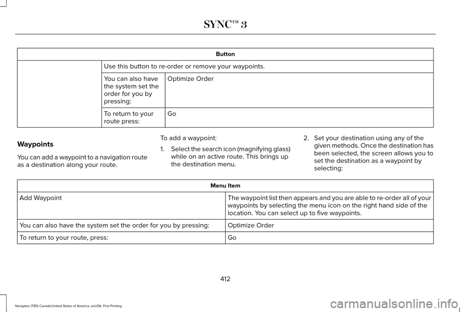 LINCOLN NAVIGATOR 2017 Owners Manual Button
Use this button to re-order or remove your waypoints. Optimize Order
You can also have
the system set the
order for you by
pressing:
Go
To return to your
route press:
Waypoints
You can add a wa LINCOLN NAVIGATOR 2017 Owners Manual Button
Use this button to re-order or remove your waypoints. Optimize Order
You can also have
the system set the
order for you by
pressing:
Go
To return to your
route press:
Waypoints
You can add a wa