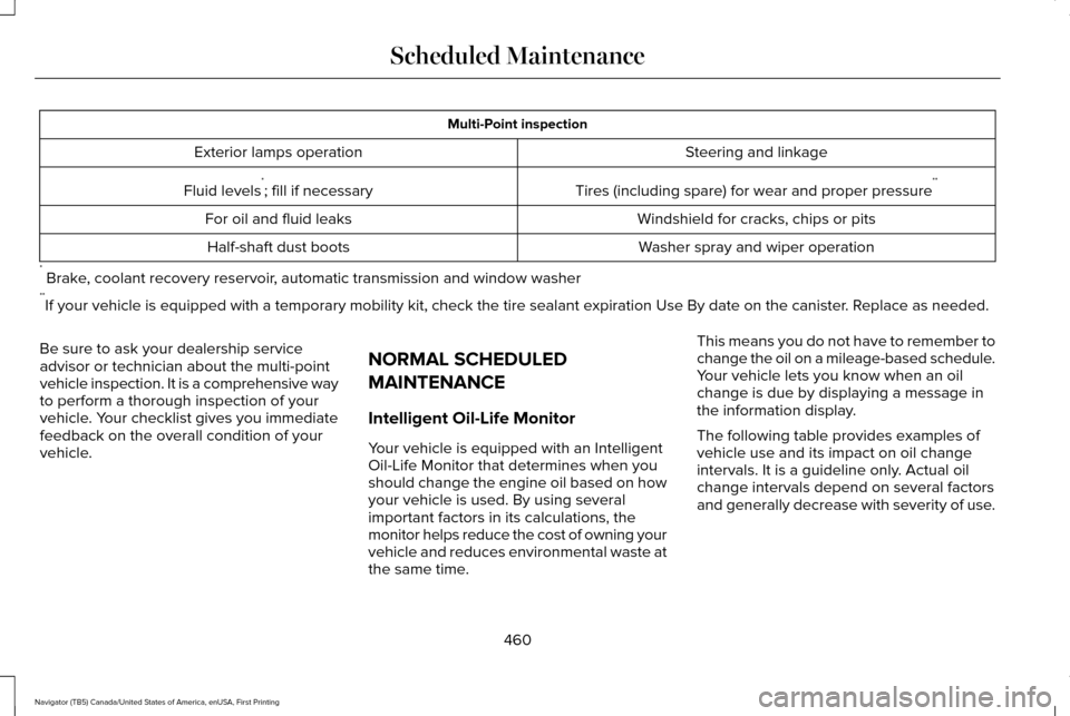 LINCOLN NAVIGATOR 2017 Owners Manual Multi-Point inspection
Steering and linkage
Exterior lamps operation
Tires (including spare) for wear and proper pressure**
Fluid levels *
; fill if necessary
Windshield for cracks, chips or pits
For LINCOLN NAVIGATOR 2017 Owners Manual Multi-Point inspection
Steering and linkage
Exterior lamps operation
Tires (including spare) for wear and proper pressure**
Fluid levels *
; fill if necessary
Windshield for cracks, chips or pits
For