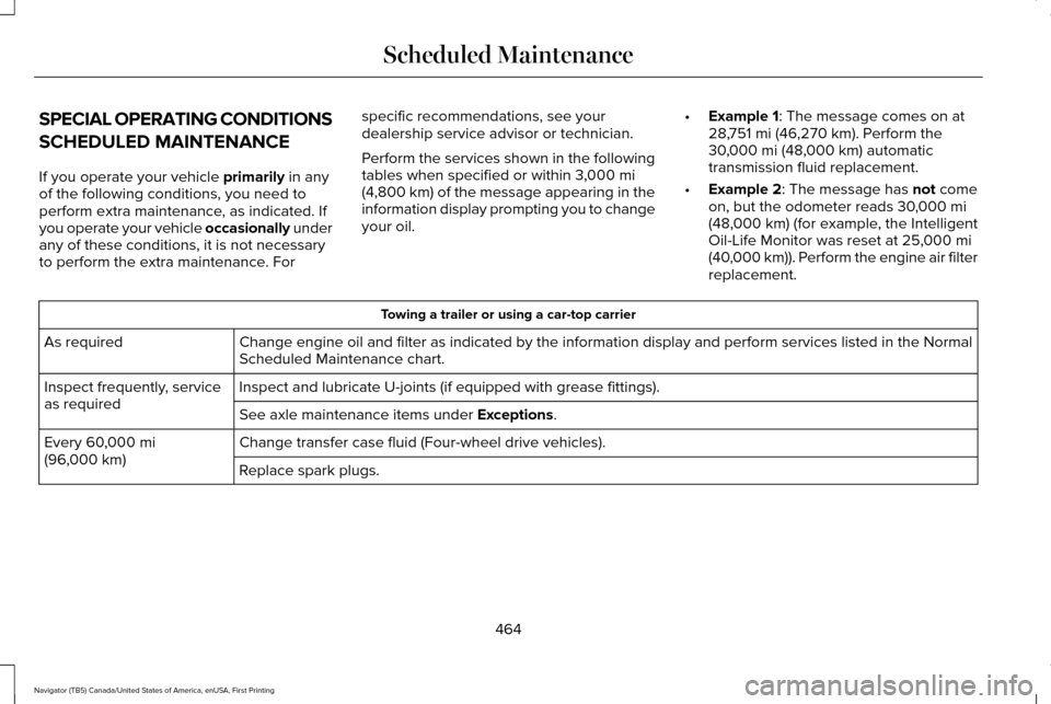 LINCOLN NAVIGATOR 2017  Owners Manual SPECIAL OPERATING CONDITIONS
SCHEDULED MAINTENANCE
If you operate your vehicle primarily in any
of the following conditions, you need to
perform extra maintenance, as indicated. If
you operate your ve