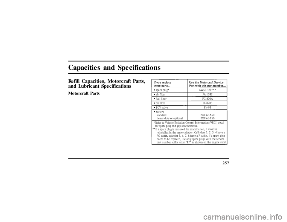LINCOLN TOWN CAR 1997  Owners Manual 257
Capacities and SpecificationsRefill Capacities, Motorcraft Parts,
and Lubricant SpecificationsMotorcraft Parts
File:12fncst.ex
Update:Thu Jun 20 15:16:56 1996 
