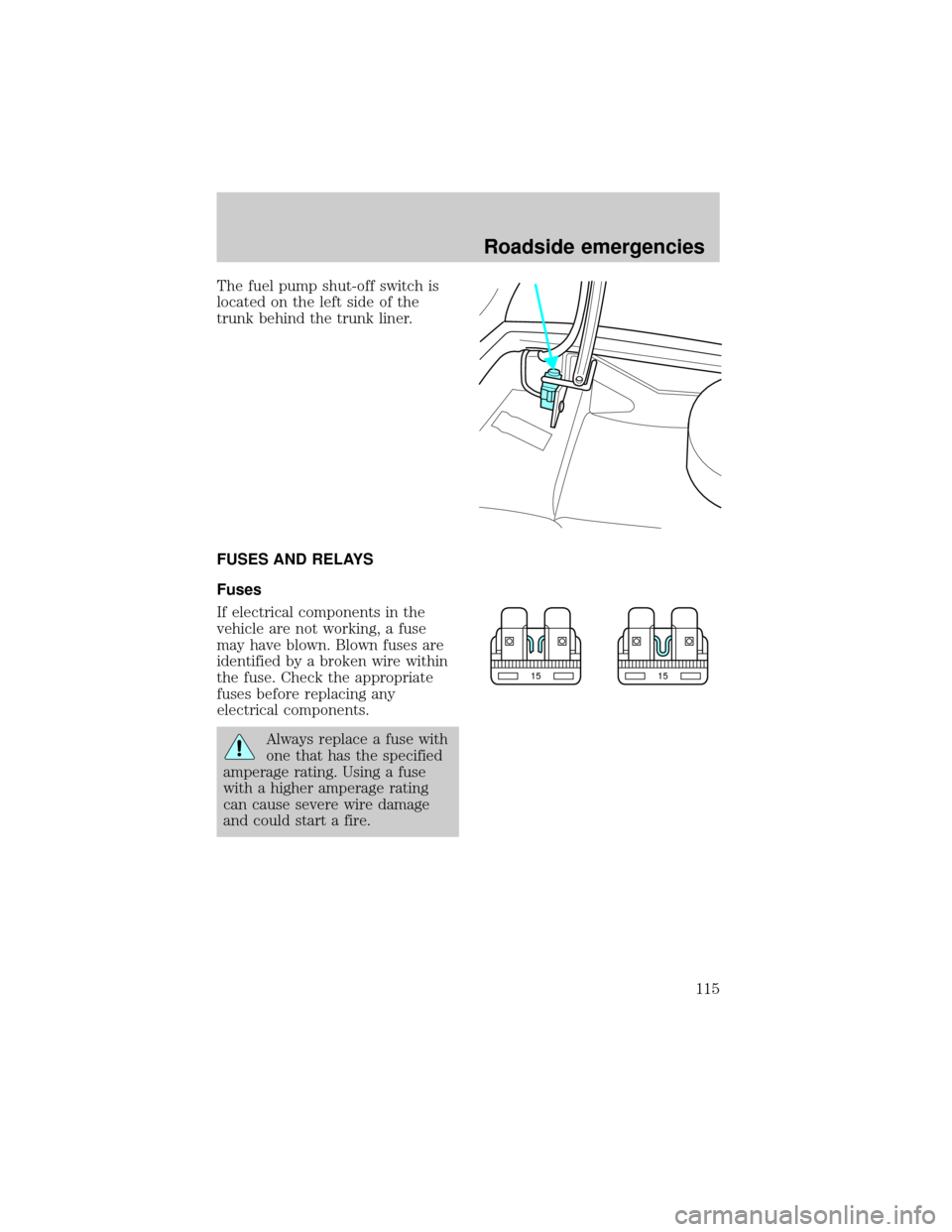 LINCOLN TOWN CAR 1998  Owners Manual The fuel pump shut-off switch is
located on the left side of the
trunk behind the trunk liner.
FUSES AND RELAYS
Fuses
If electrical components in the
vehicle are not working, a fuse
may have blown. Bl