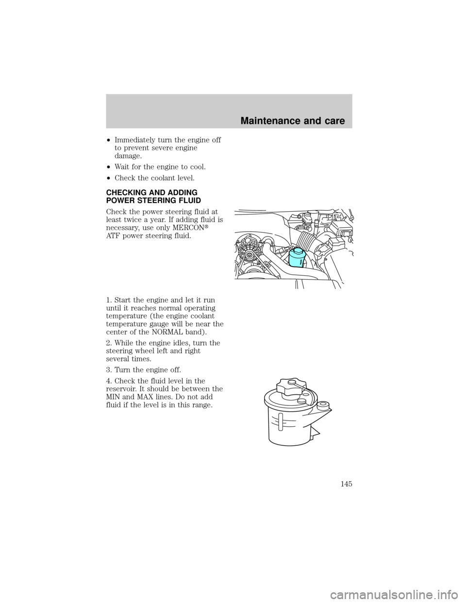 LINCOLN TOWN CAR 1998  Owners Manual ²Immediately turn the engine off
to prevent severe engine
damage.
²Wait for the engine to cool.
²Check the coolant level.
CHECKING AND ADDING
POWER STEERING FLUID
Check the power steering fluid at
