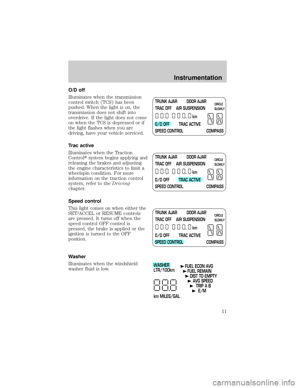 LINCOLN TOWN CAR 1999 User Guide O/D off
Illuminates when the transmission
control switch (TCS) has been
pushed. When the light is on, the
transmission does not shift into
overdrive. If the light does not come
on when the TCS is depr