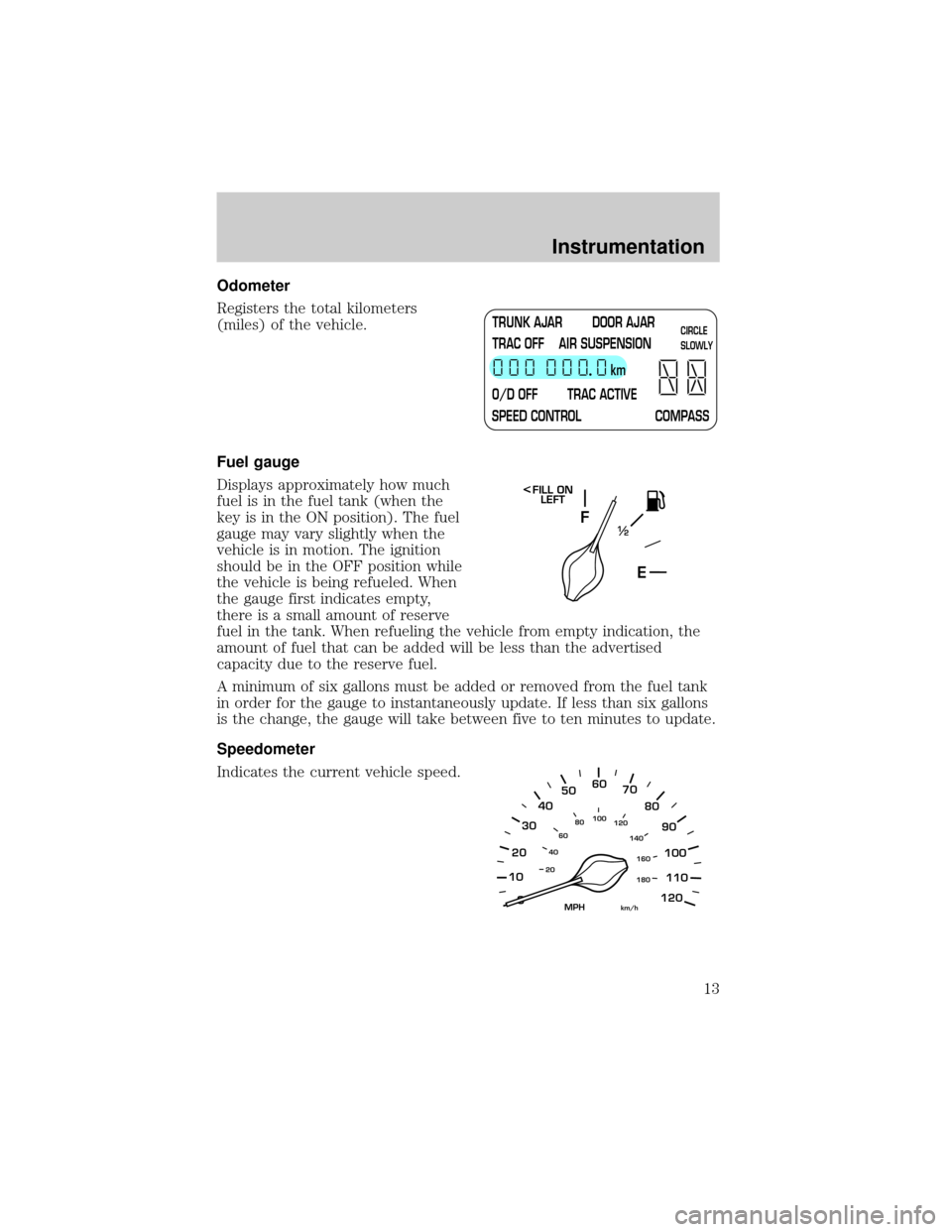 LINCOLN TOWN CAR 1999 User Guide Odometer
Registers the total kilometers
(miles) of the vehicle.
Fuel gauge
Displays approximately how much
fuel is in the fuel tank (when the
key is in the ON position). The fuel
gauge may vary slight