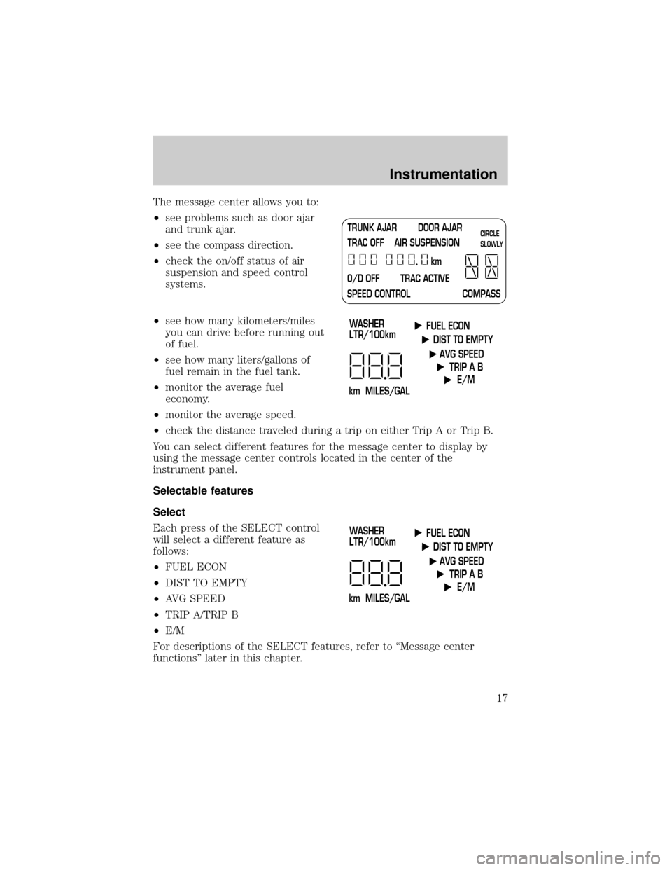 LINCOLN TOWN CAR 2000 User Guide The message center allows you to:
²see problems such as door ajar
and trunk ajar.
²see the compass direction.
²check the on/off status of air
suspension and speed control
systems.
²see how many ki