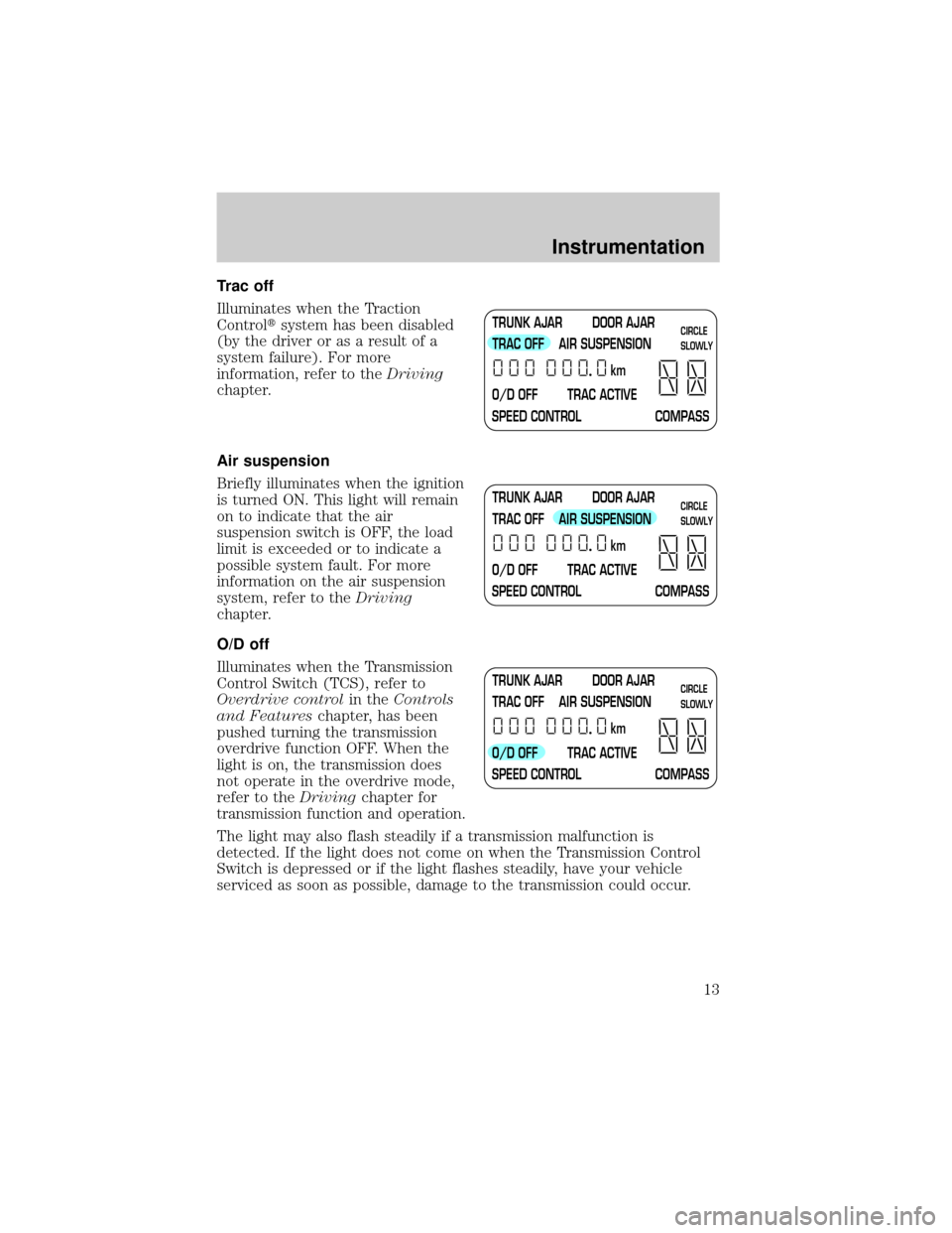 LINCOLN TOWN CAR 2001 User Guide Trac off
Illuminates when the Traction
Controltsystem has been disabled
(by the driver or as a result of a
system failure). For more
information, refer to theDriving
chapter.
Air suspension
Briefly il