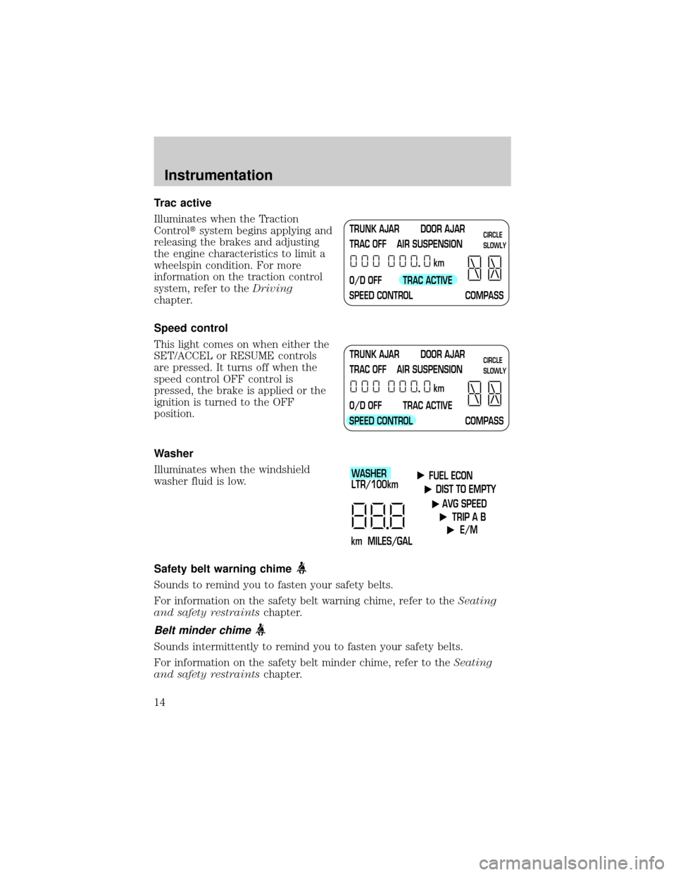 LINCOLN TOWN CAR 2001 User Guide Trac active
Illuminates when the Traction
Controltsystem begins applying and
releasing the brakes and adjusting
the engine characteristics to limit a
wheelspin condition. For more
information on the t