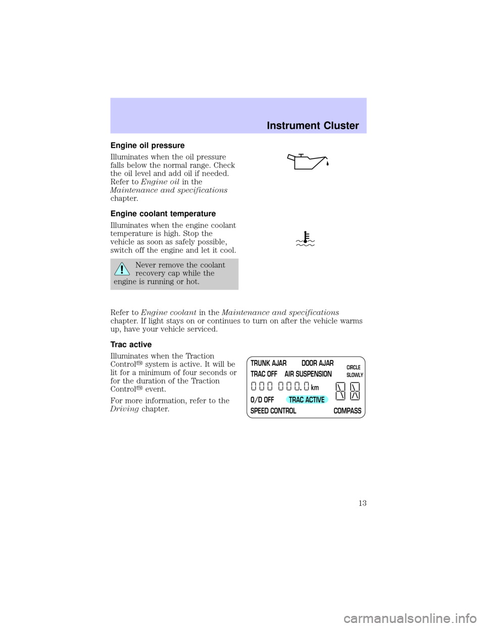 LINCOLN TOWN CAR 2002  Owners Manual Engine oil pressure
Illuminates when the oil pressure
falls below the normal range. Check
the oil level and add oil if needed.
Refer toEngine oilin the
Maintenance and specifications
chapter.
Engine c