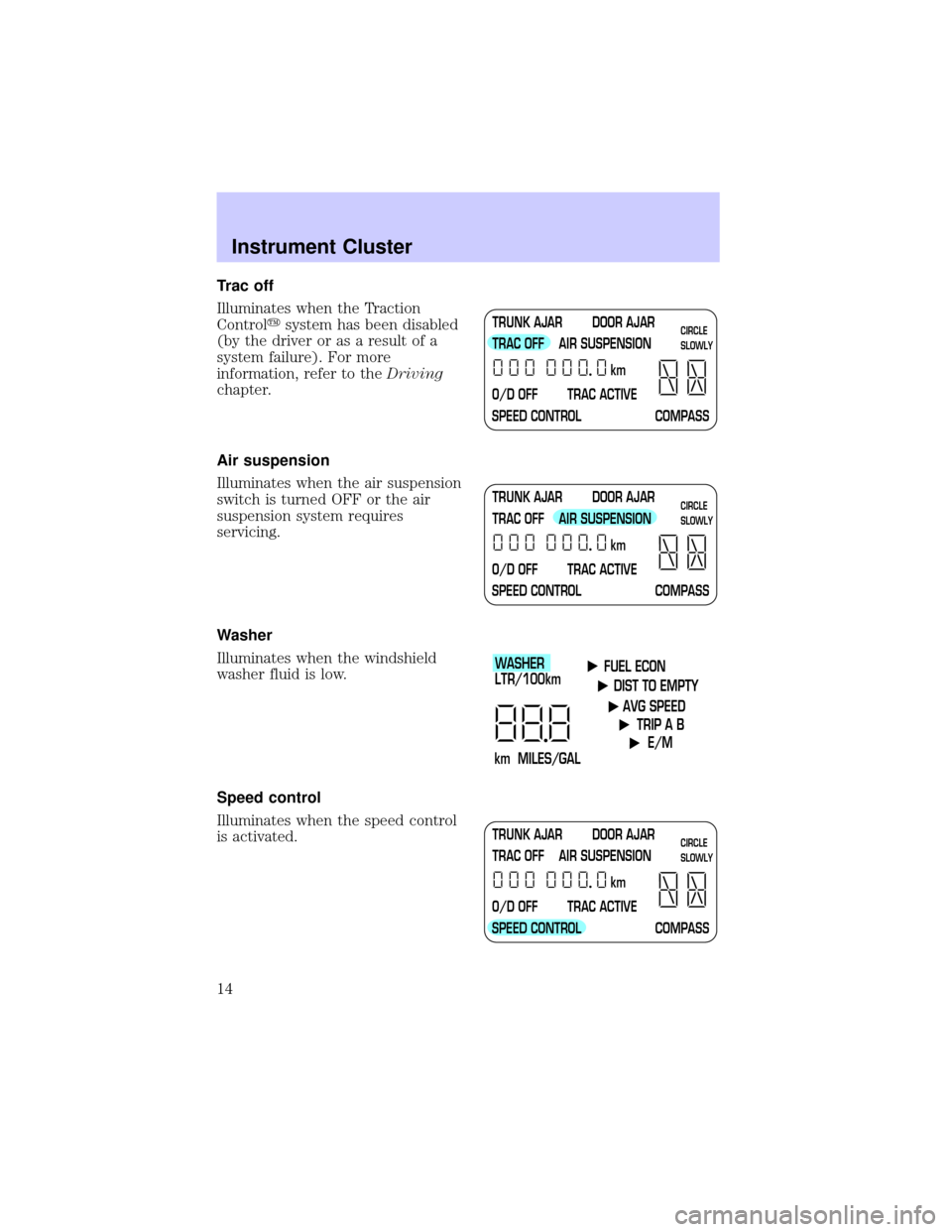 LINCOLN TOWN CAR 2002 User Guide Trac off
Illuminates when the Traction
Controlysystem has been disabled
(by the driver or as a result of a
system failure). For more
information, refer to theDriving
chapter.
Air suspension
Illuminate LINCOLN TOWN CAR 2002 User Guide Trac off
Illuminates when the Traction
Controlysystem has been disabled
(by the driver or as a result of a
system failure). For more
information, refer to theDriving
chapter.
Air suspension
Illuminate