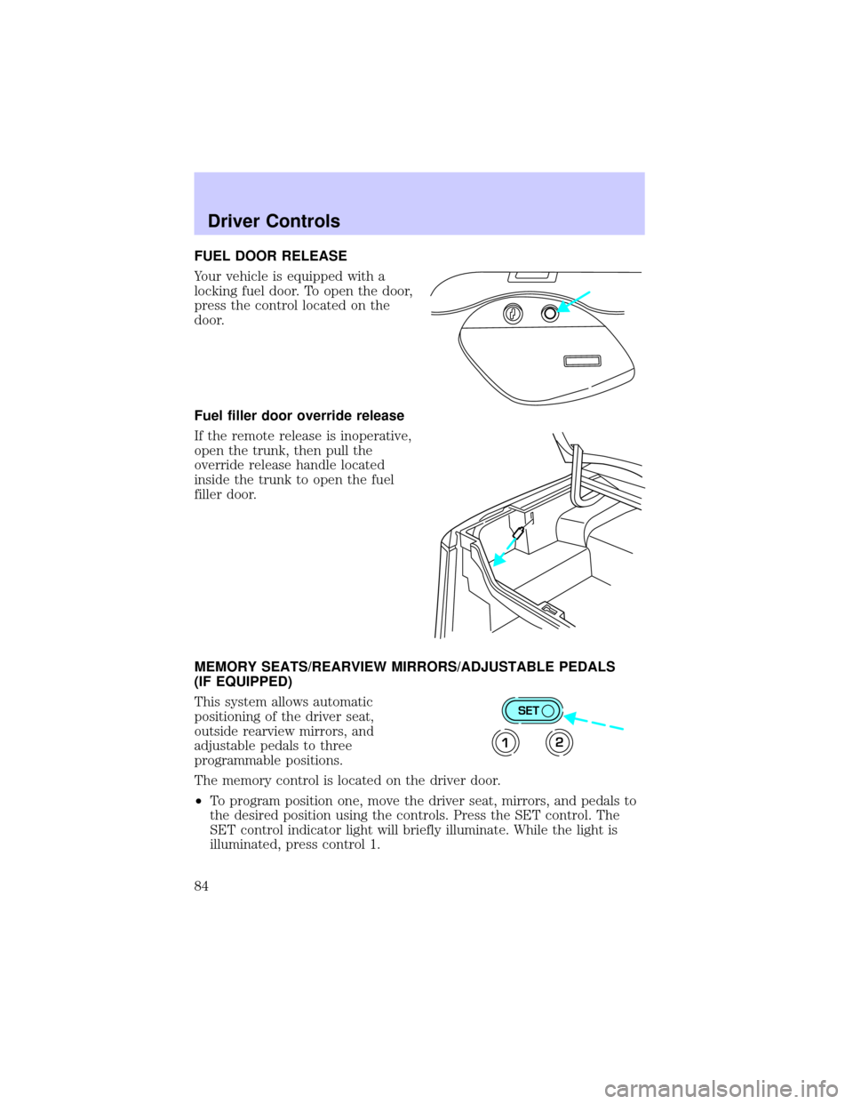 LINCOLN TOWN CAR 2002  Owners Manual FUEL DOOR RELEASE
Your vehicle is equipped with a
locking fuel door. To open the door,
press the control located on the
door.
Fuel filler door override release
If the remote release is inoperative,
op